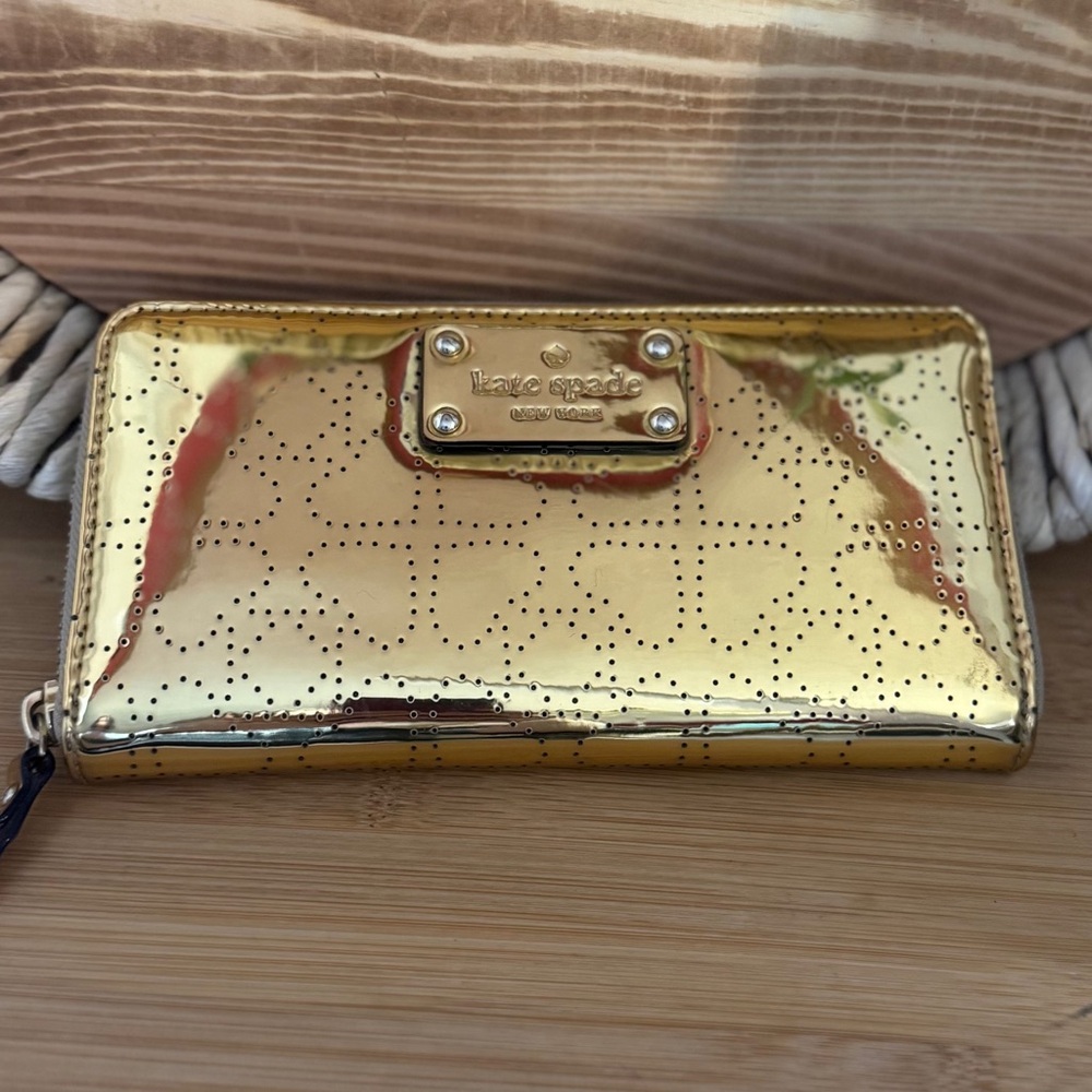 Kate Spade Gold Metallic Perforated Hearts Long Wallet